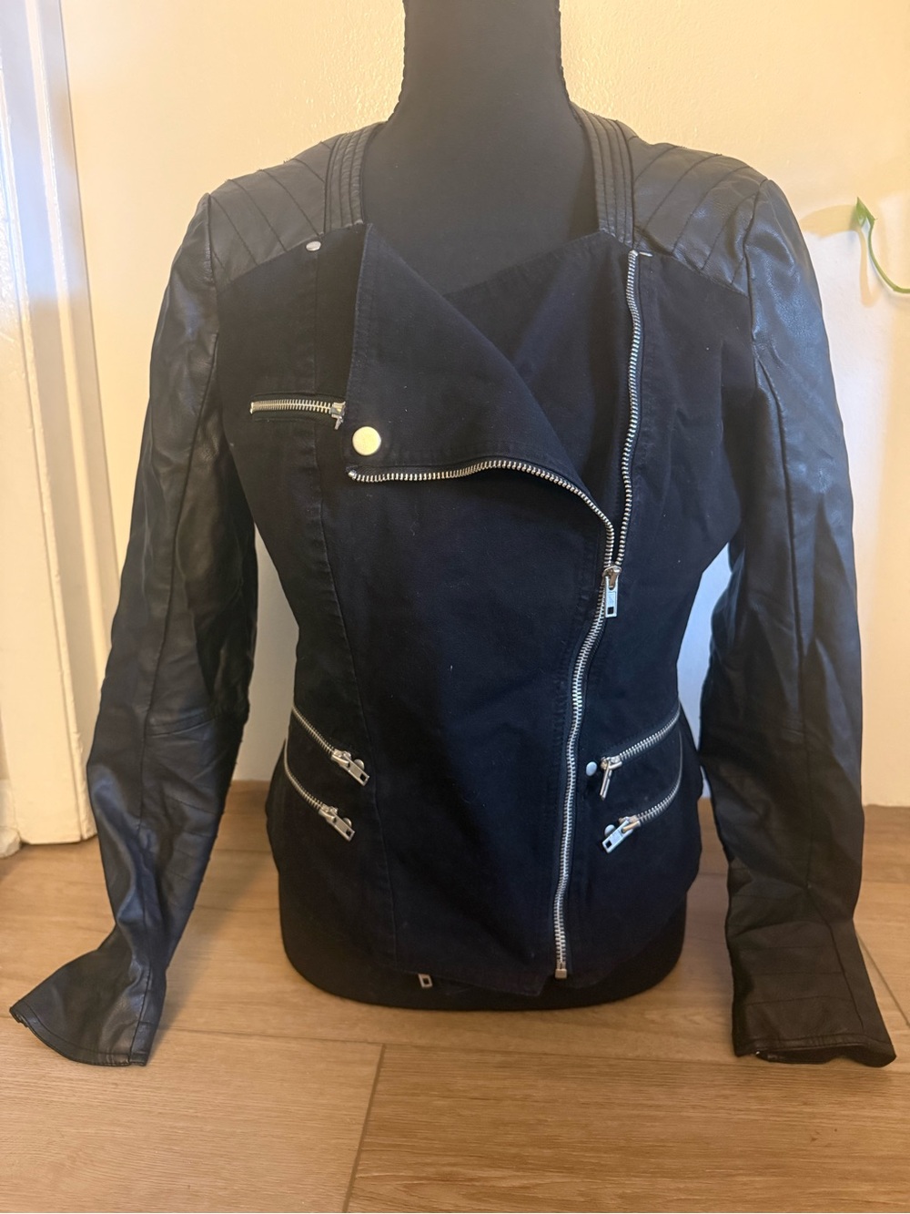 ABS Allen Schwartz Black Mixed-Material Moto Jacket